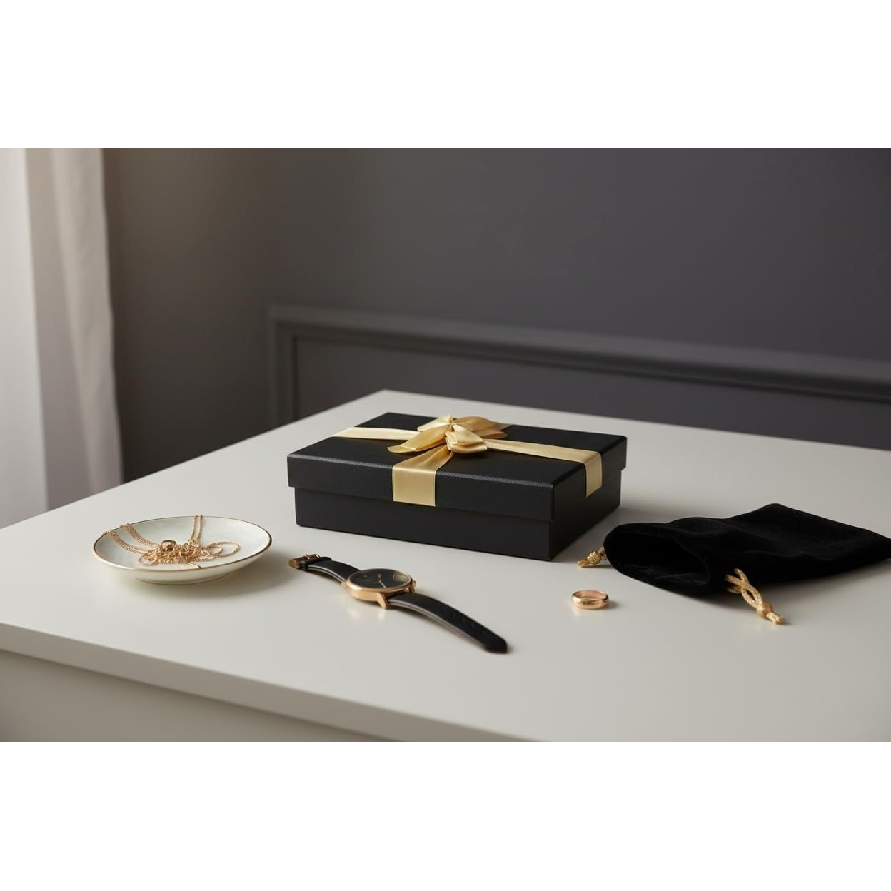 Emartbuy Black Rigid Gift Box with Ribbon, Rectangular Quality